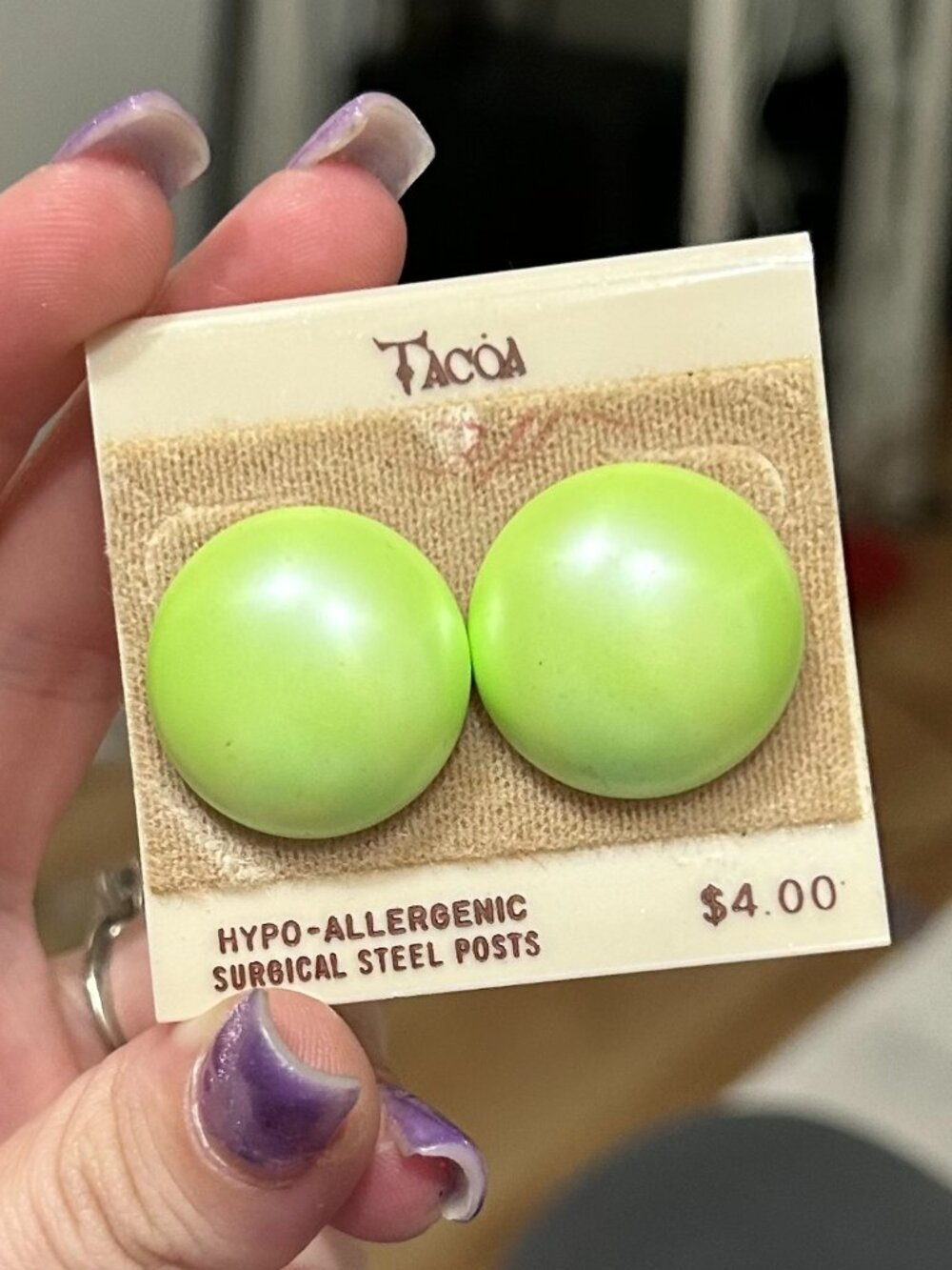 Vintage Tacoa Lime Green Button Stud Earrings NWT